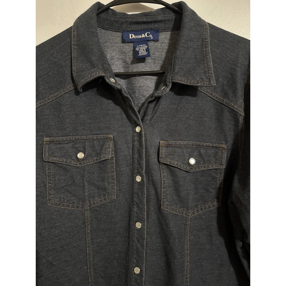 Denim & Co Womens Dark Wash Stretch Denim Snap Front Western Shirt Large - Picture 3 of 7